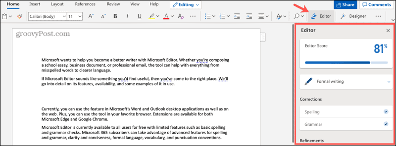 Microsoft Editor i Word på nettet
