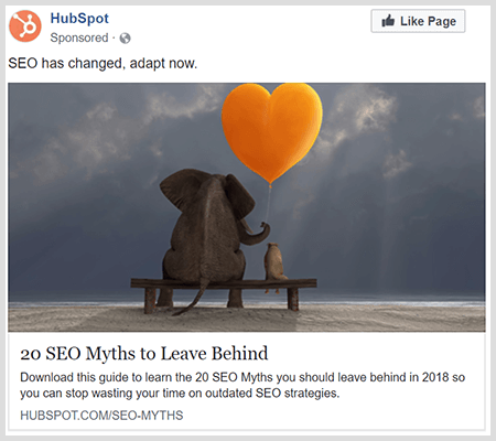 Merkevareannonser deler nyttig innhold som denne HubSpot-annonsen om 20 SEO-myter å legge igjen.
