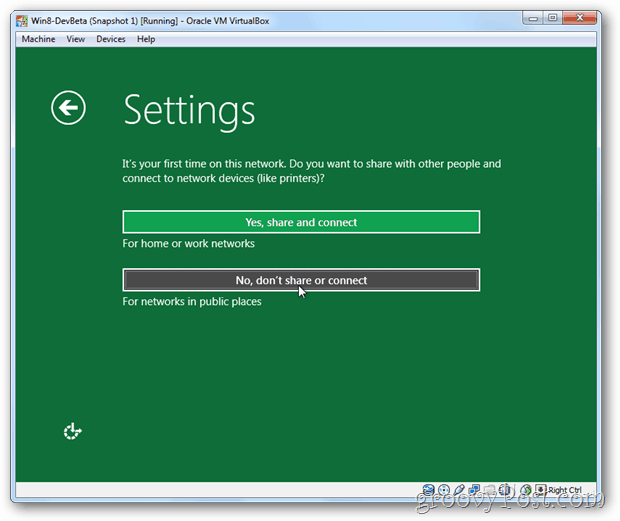 VirtualBox Windows 8 installere setup-deler eller ikke dele oppsett?