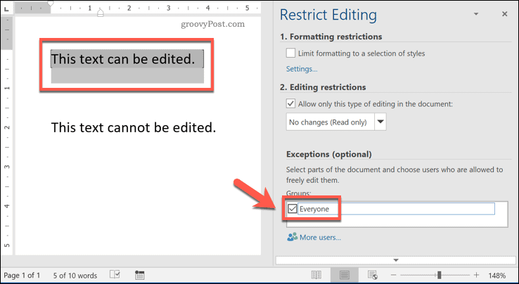Begrensning av redigeringstilgang til tekst i Word