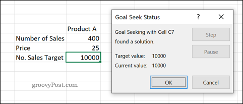 En forhåndsvisning av målsøkverktøyet i Excel