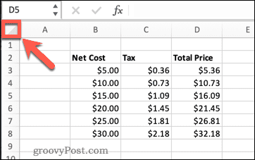 velg alle cellene Excel