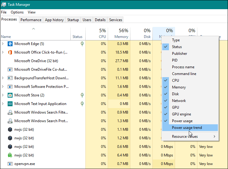 Legg til Power Monitor-kolonne Windows 10 1809