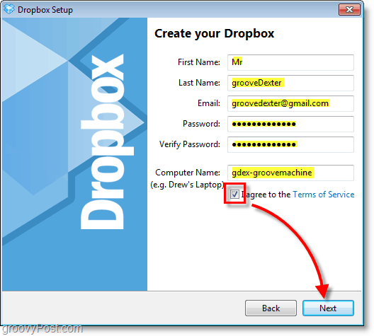 Dropbox-skjermbilde - skriv inn kontoinformasjonen din