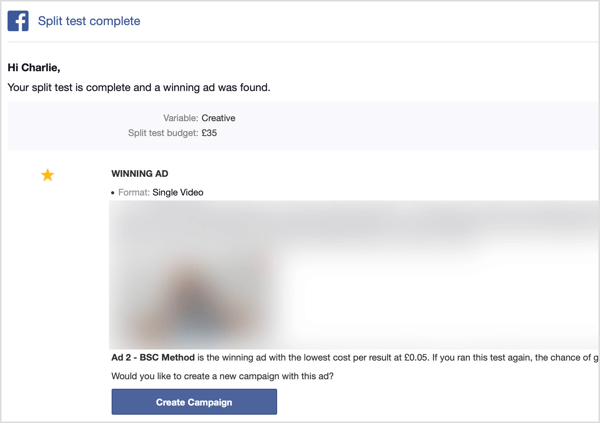 Du mottar en e-post etter at delt Facebook-test er fullført.