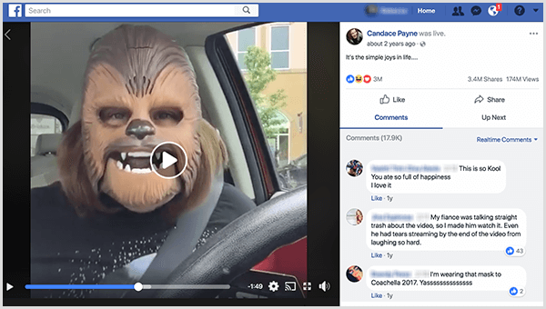 Candace Payne gikk live på Facebook i en Chewbacca-maske fra Kohls parkeringsplass. Da skjermbildet ble tatt, hadde videoen hennes 3,4 millioner aksjer og 174 millioner visninger.