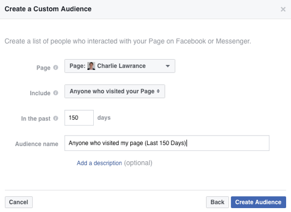 For å opprette et Facebook-tilpasset publikum, velg Alle som har besøkt siden din fra rullegardinlisten Inkluder.