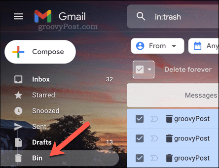 Åpne papirkurven (Bin)-mappen i Gmail