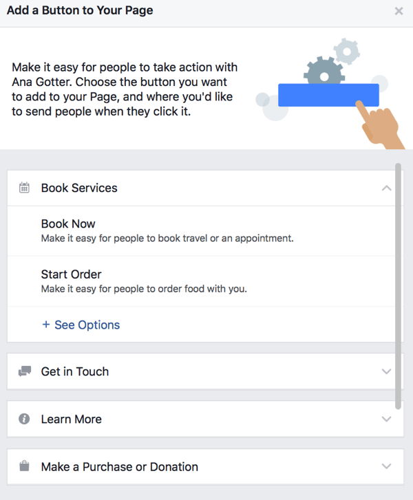 Du kan velge mellom et stort antall CTA-knapper for Facebook-siden din.