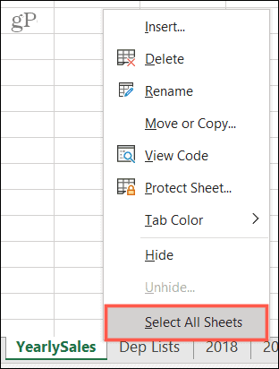 Velg Alle ark i Excel
