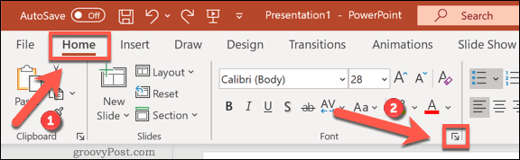 Åpne menyen Fonts-alternativer i PowerPoint på Windows