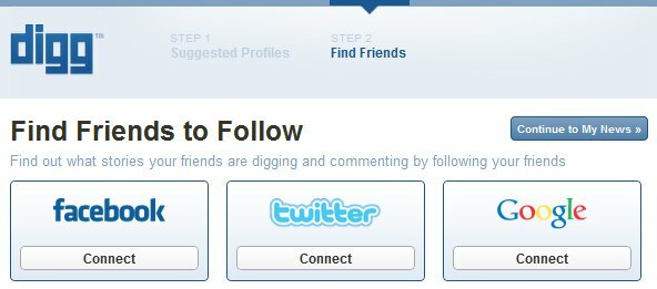Ny Digg-pålogging - Trinn 2 - Finn venner på Facebook, Twitter, Google