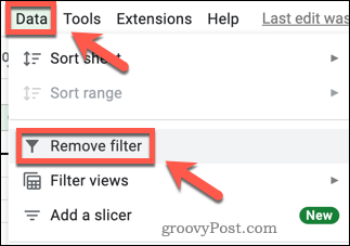 Fjerner et filter i Google Sheets