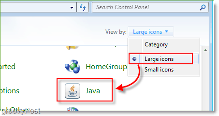 Skjermbilde: Windows 7 Kontrollpanel Start Java