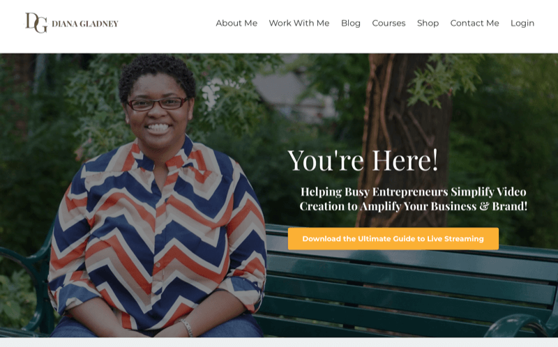 skjermbilde av diana gladneys nettsted, og fremhever hennes ønske om å hjelpe travle gründere med å forenkle opprettelsen av video