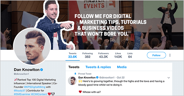 Dette er et skjermbilde av Dan Knowltons Twitter-profil (@ dknowlton1). Forsidebildet har to lag. Bakgrunnsbildet viser Dan snakke på et arrangementsscene før en mengde mennesker løfter hendene. Lysstyrken på dette bildet er redusert slik at det ser mørkt ut. I forgrunnen er et bilde av Dan fra livet og opp, og han peker med høyre arm foran kroppen mot den følgende hvite tekst: "Følg meg for digitale markedsføringstips, veiledninger og forretningsvideoer som ikke kjeder deg." Dans profilbilde viser ansiktet hans vender mot venstre. Han har kort hår og kort skjegg. Hans pinnede tweet sier: "Her er det å vokse sammen, gjennom høydepunktene og nedturene og ha det veldig bra mens vi gjør det. Hvem [sic] med oss? ”