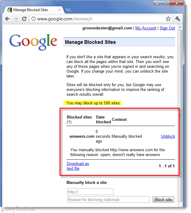 liste over Google-blokkerte nettsteder