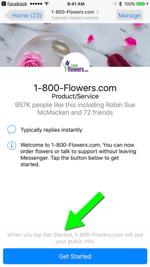 Å sende en melding til 1-800-Flowers.com via deres Facebook-side gjør det enkelt for brukere å bli kunder.