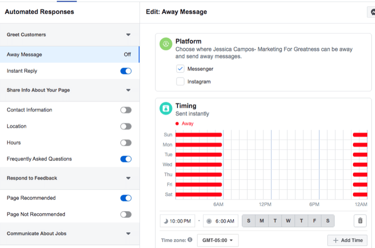 skjermbilde av tidsinnstillinger for Facebook Messenger bort melding automatisert svar