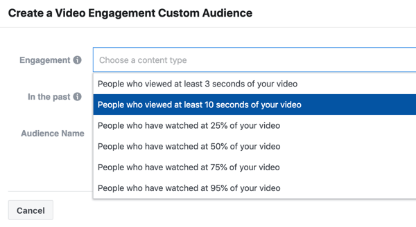 Hvordan markedsføre live-arrangementet ditt på Facebook, trinn 9, opprett en videoengasjementskampanje for folk som så på minst 10 sekunder av videoen din