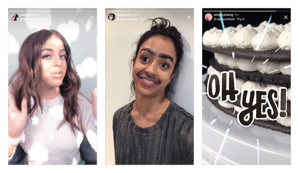 Instagram rullet ut sitt første parti med nye kameraeffekter designet av Ariana Grande, Buzzfeed, Liza Koshy, Baby Ariel og NBA i Instagram-kameraet og planlegger å bringe flere nye effekter snart.