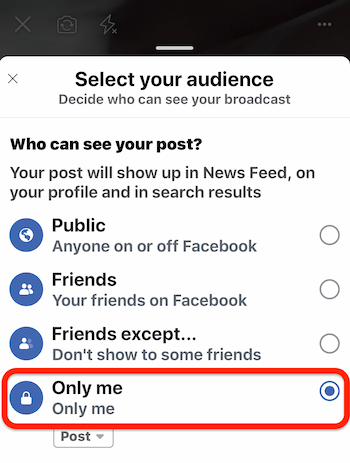 velg Bare meg-alternativet for å gjøre Facebook Live Broadcast Test