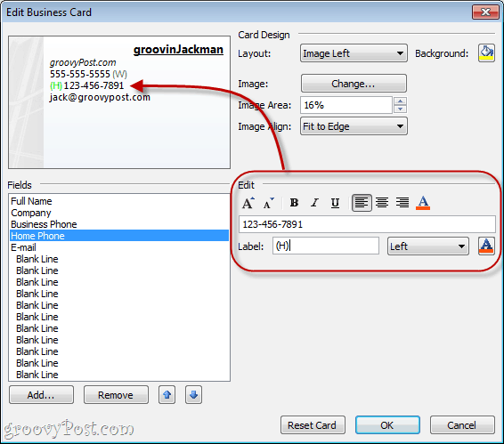 Formater felt i vCard i Outlook 2010