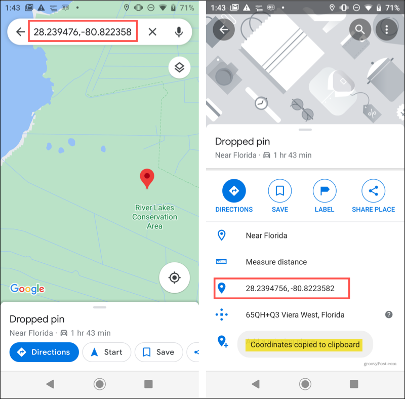 Android droppet pin i Google Maps
