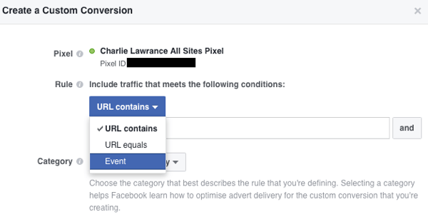 Lag hendelsesbaserte tilpassede konverteringer i Facebook Ads Manager.