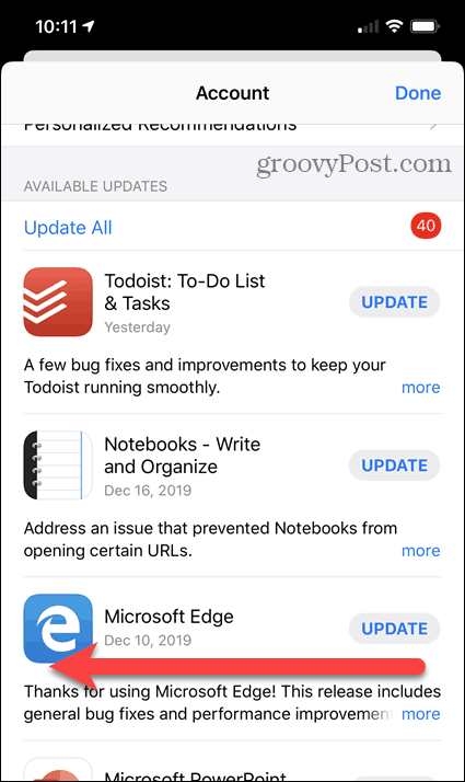 Dra appen til venstre i iPhone-oppdateringslisten