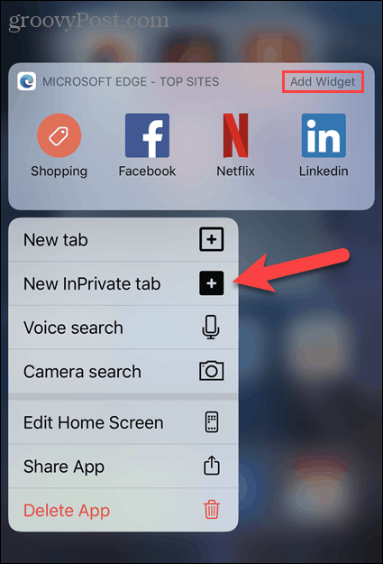 Velg Ny InPrivate-fane fra Edge-ikonet i iOS