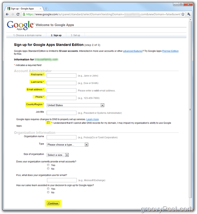 Registrering av Google Apps Standardversjon oppgir domene