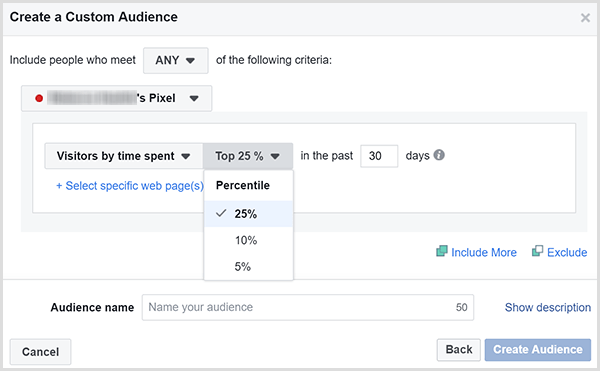 Dialogboksen Facebook Create a Custom Audience har en mulighet for å målrette annonser mot kundene som brukte mest tid på nettstedet ditt.