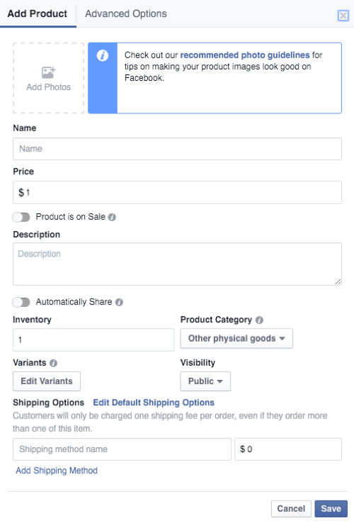 facebook butikk produktdetaljer