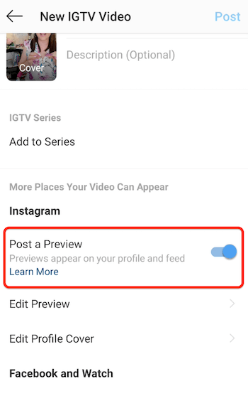 instagram igtv nye videomenyalternativer med innlegget et alternativ for forhåndsvisning aktivert