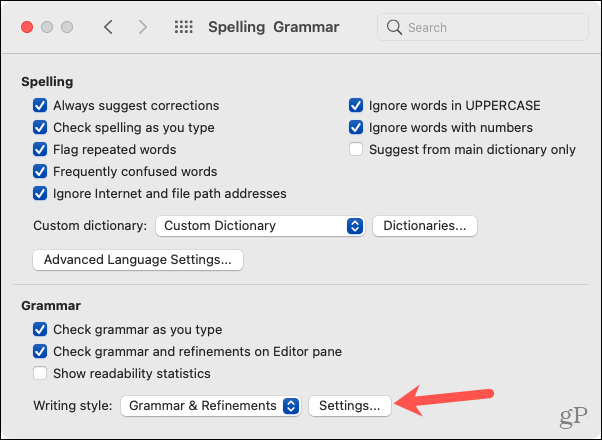 Mac Word-alternativer, grammatikkinnstillinger