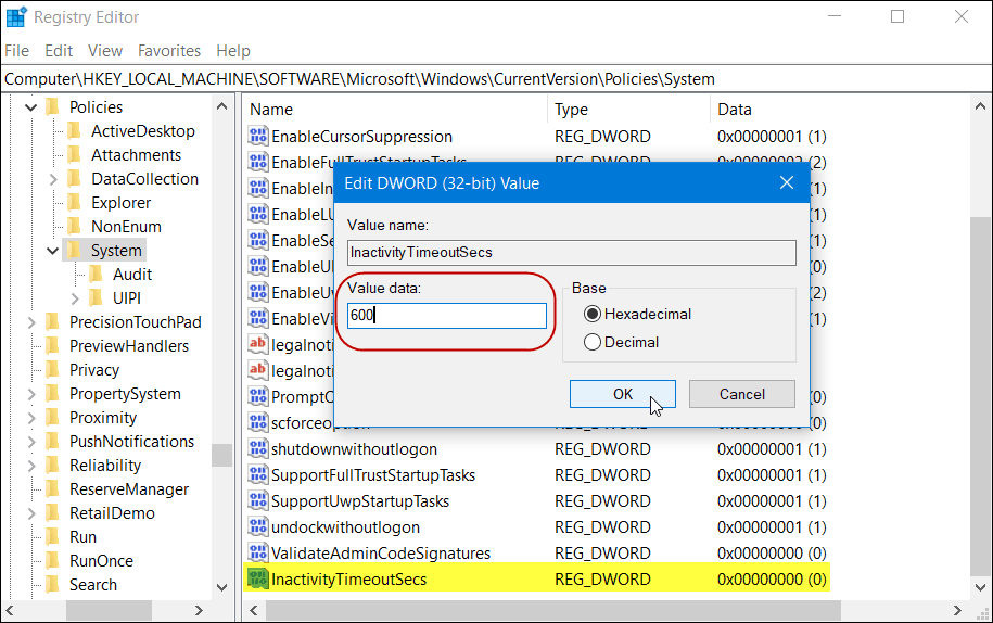 Inaktivitet TimeoutSecs-register Windows 10 Home-versjon