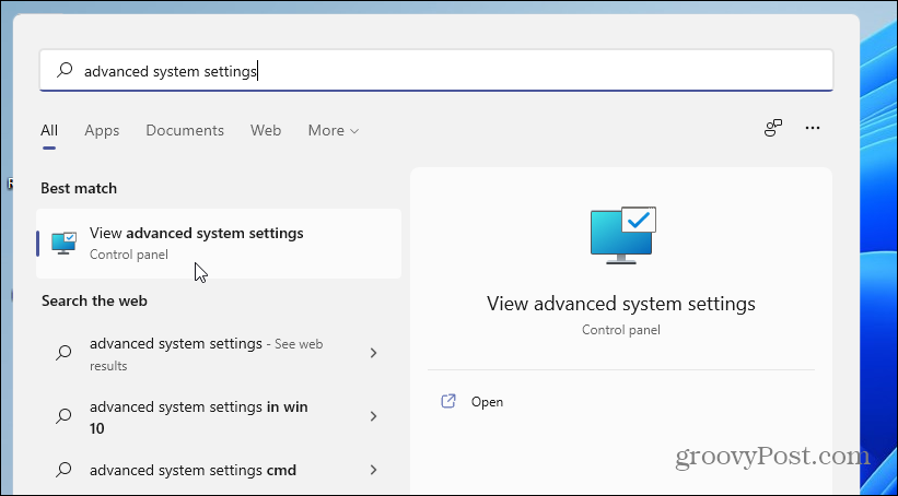 avanserte systeminnstillinger Windows 11