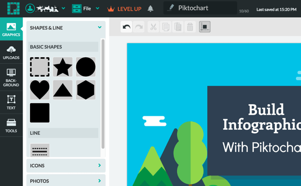 Juster infografisk design i Piktochart-redigeringsvinduet.