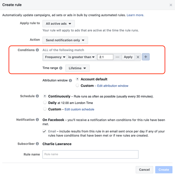 Bruk Facebook automatiserte regler, varsling når annonsefrekvens over 2.1, trinn 2, betingelser innstillinger