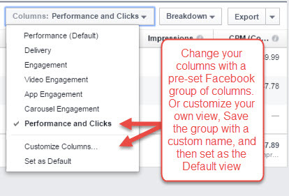 Facebook Ads Manager tilpassede kolonner