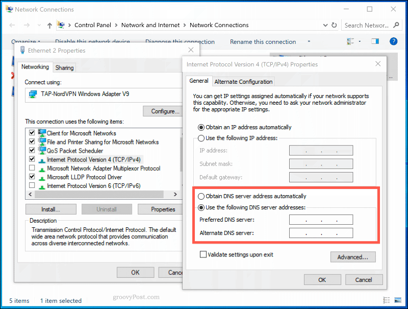DNS-innstillingsvinduet for en nettverkstilkobling i Windows 10