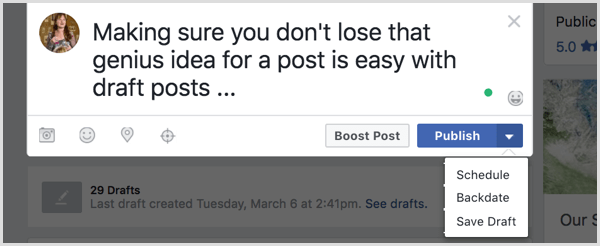 Lagre Facebook-innlegget ditt som et utkast.