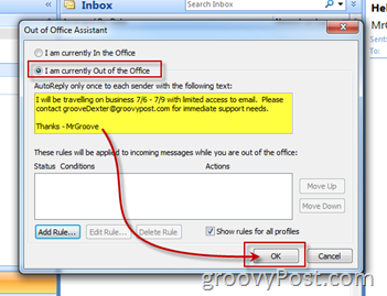 Aktiver Slå på automatisk svar fra Microsoft Outlook Out of Office Assistant
