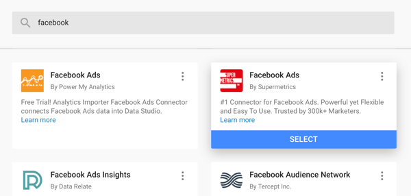 Bruk Google Data Studio til å analysere Facebook-annonsene dine, trinn 4, alternativet for å bruke Facebook Ads-koblingen fra Supermetrics som datakilde