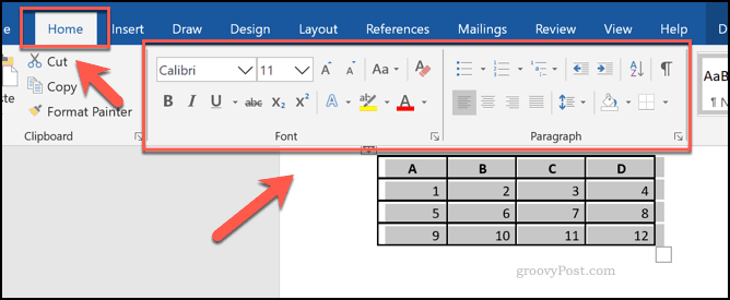 Formateringsalternativer for en tabell i Word