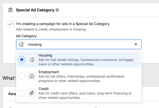 Alternativer for spesielle annonser for Facebook i rullegardinmenyen Annonsekategori