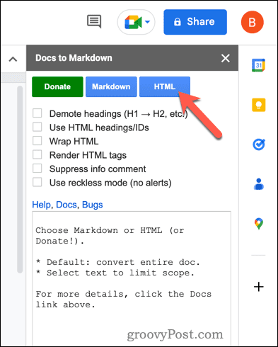 Konverter til HTML ved å bruke Docs to Markdown i Google Docs