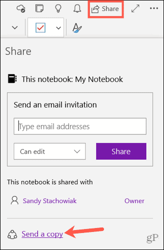 Send en kopi av et notat i OneNote for Windows 10