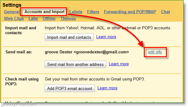 klikk på google postkontoer og importknappen og rediger deretter info